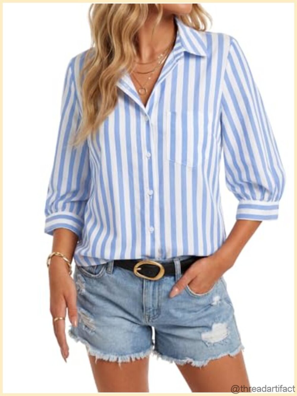 Striped 3/4 Sleeve Button Down Blouse Collared Loose Fit Casual Shirt